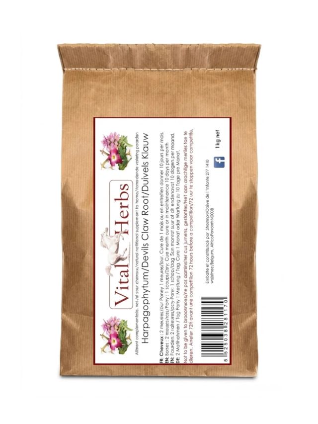 Vital Herbs Devils Claw Pure Root 1 kg, czarci pazur dla koni, suszony korzeń w papierowej torbie