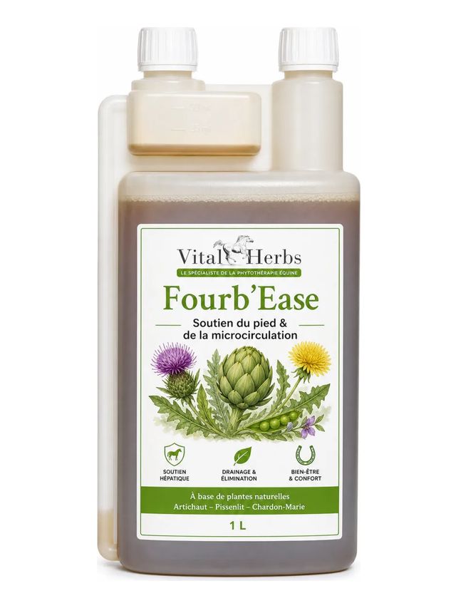Vital Herbs Fourb Ease 1 l, płynne wsparcie kopyt i mikrokrążenia dla koni z ochwatem