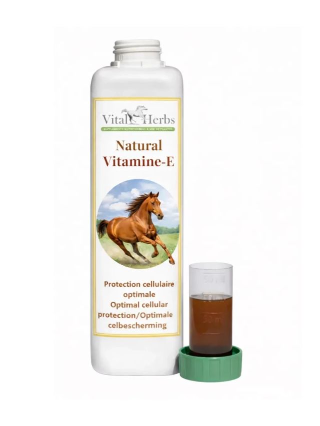 Vital Herbs Natural Vitamin E 1 l, naturalna witamina E w oleju dla koni, butelka z miarką