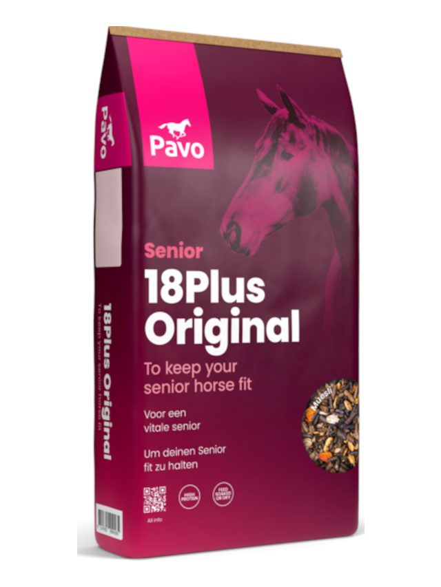 Pavo 18Plus Original 15kg, bezpyłowe musli dla starszych koni (opakowanie z napisem Senior)