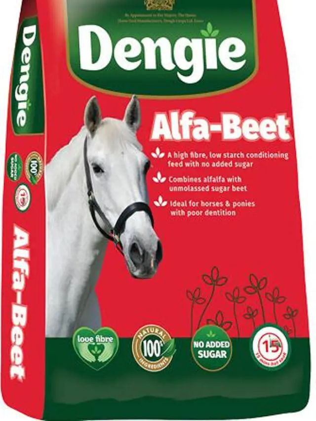 Dengie Alfa-Beet 20 kg – czerwony worek paszy włóknistej z siwym koniem w kantarze na froncie