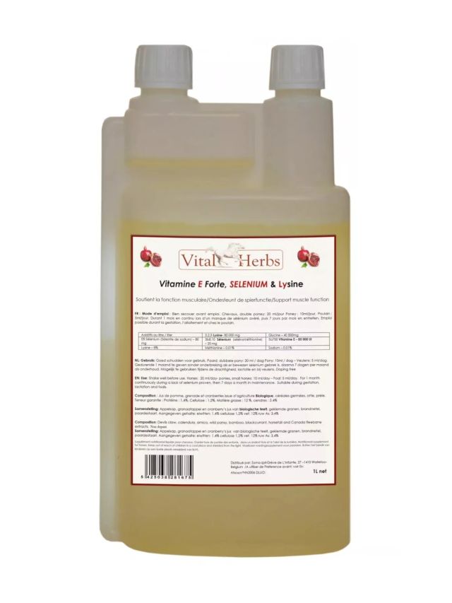 Vital Herbs Vitamin E Forte Selenium Lysine 1 l, płynna witamina E z selenem i lizyną na mięśnie u koni